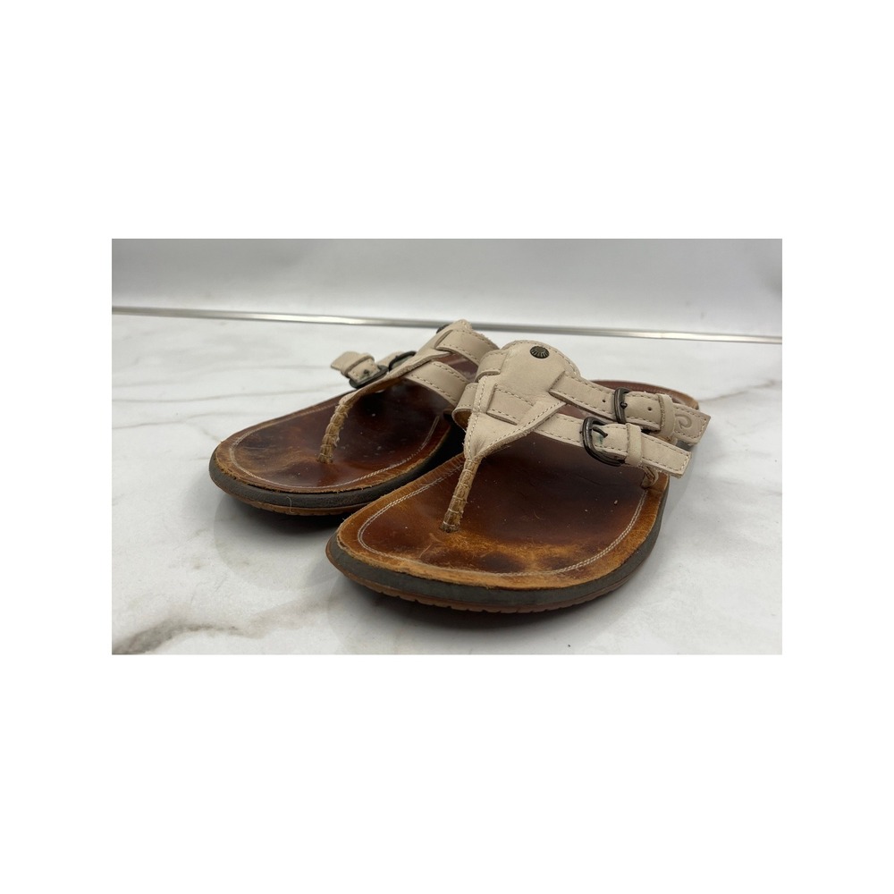 Olukai Sandals Womens Sz 7 Honokaa Leather Thong Bone Tan Double Buckle